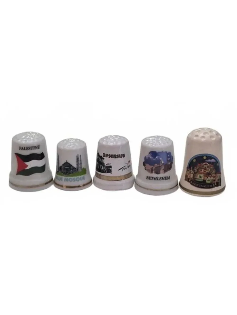 Set of 5 Vintage Ceramic Souvenir Thimbles - Middle East & Holy Land Collection